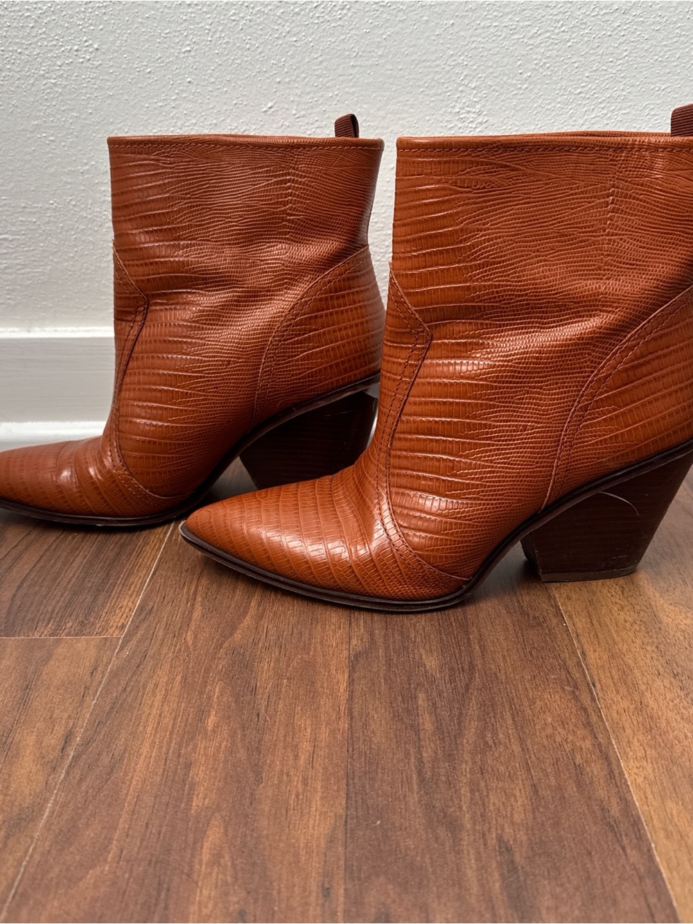 Franco Sarto Tan Croc-Embossed Pointed Western Ankle Boots